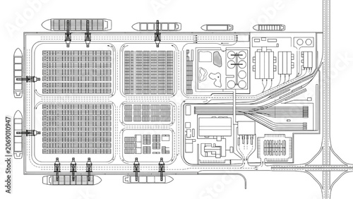 Industrial Cargo Port Site Plan with Container Terminal Loading Docks and Ships CAD Vector Template