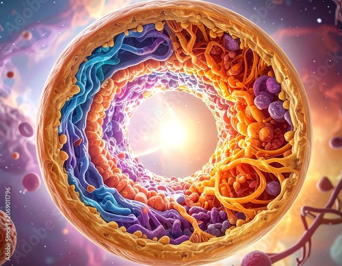 Detailed Human Cell Nucleus Cross Section with Nuclear Envelope, Chromatin, Nucleolus and Nuclear Pores Scientific Biology Illustration