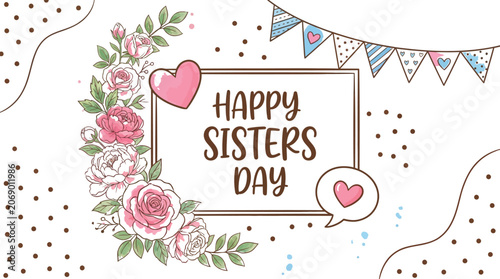 Happy sister day illustration floral design with hearts for sibling celebration