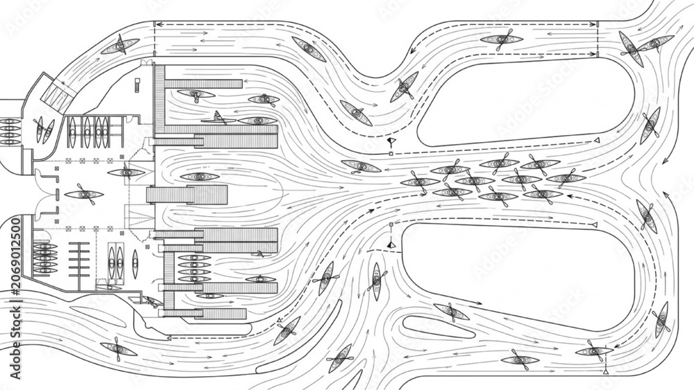 Obraz premium Rowing Club Marina Site Plan with Kayak Silhouettes and Boat Launch Docks CAD Vector Layout