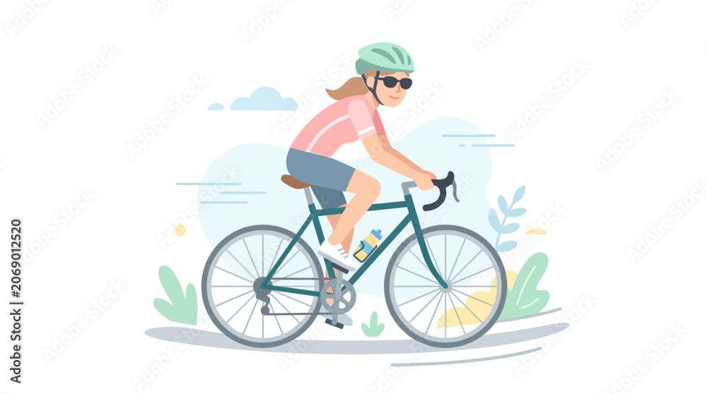 Naklejka premium Woman cycling on road bike, enjoying summer sport outdoors, vector illustration