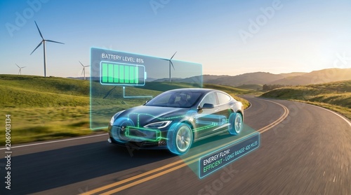 Electric car driving on a scenic road with futuristic holographic display showing battery level and energy flow.