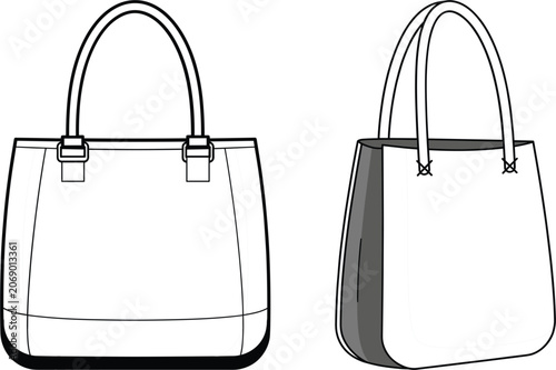 Women's Tote Handbag Technical Fashion Template, Front and Perspective View Accessory Outline