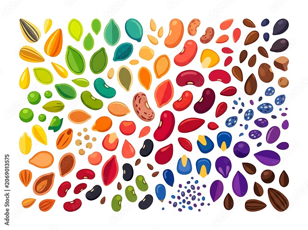 Fototapeta premium Assortment of healthy seeds and beans in rainbow colors