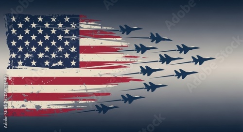 American flag dissolves into fighter jets flying in formation against a dark gradient background symbolizing patriotic aviation and freedom.