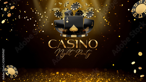 Luxury banner and premium template Casino Night Party with playing cards flying VIP chips and dice on dark background with gold glitter sparkle and copy space