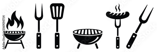 Bbq grill icon set, barbecue cooking symbols with spatula, fork, fire and picnic elements, vector illustration.