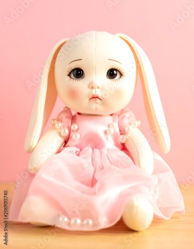 Cute Handmade Bunny Doll Sitting on Wooden Surface Against Pink Background