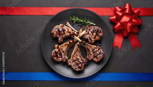 BBQ Lamb Chops with Red Bow and Blue Ribbon: Independence Day Meal