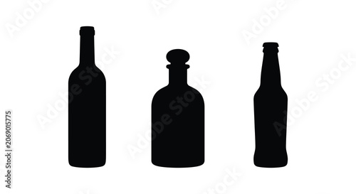Cuadro en lienzo Three glass bottles in black silhouette against a white background a minimalist