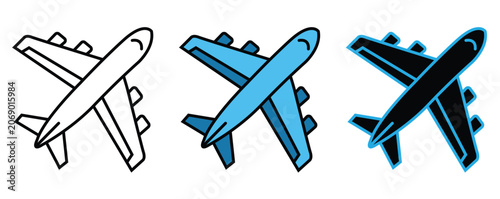 Set of three stylized airplane vector graphic icons presented in different styles on transparent background
