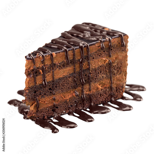 A delicious slice of rich chocolate layer cake with ganache drizzle isolated on transparent background