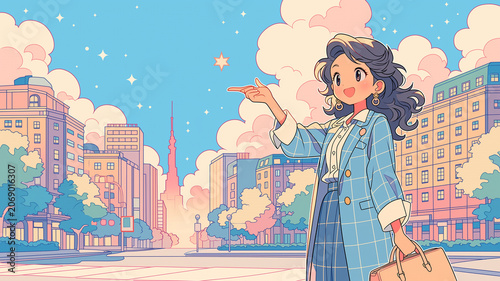 Obraz w ramie 旅先で街歩きを楽しむ女性の観光イラスト、旅行、観光、都市散策、街角、都会、ビル群、公園、帽子、バッグ、笑顔、おでかけ、休日、バケーション、旅コーデ、ファッション、女子旅、ひとり旅、旅の思い出、記念、観光地、散歩、ガイドブック、案内、パンフレット、広告、ポスター、SNS、人物、立ち姿、全身、爽やか、旅行素材、観光素材、挿絵、旅好き、週末旅行、国内旅行、海外旅行、名所巡り、観光案内、日帰り旅行、旅時間