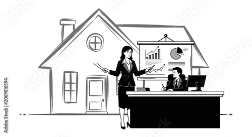Businesswoman presenting to colleagues at office desk.