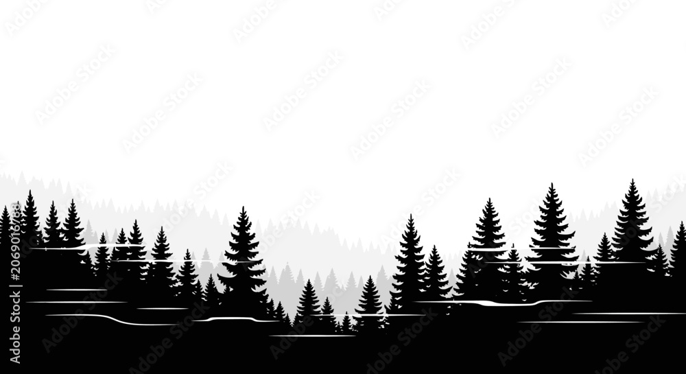 Obraz premium Black silhouette of pine trees landscape.