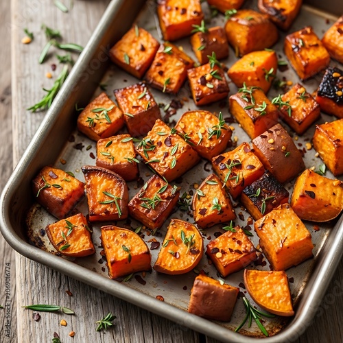Roasted Sweet Potato Cubes with Herbs on Baking Sheet.
