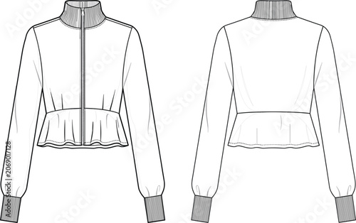 Women's Cropped Zip Jacket Technical Fashion Template, Front and Back View Apparel Outline