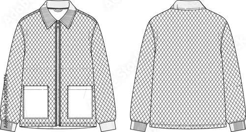 Women's Diamond Quilted Jacket Technical Fashion Template, Front and Back View Apparel Outline