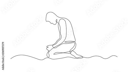 Bild auf Leinwand Continuous line drawing of a man sitting with knees pulled to chest, minimalist