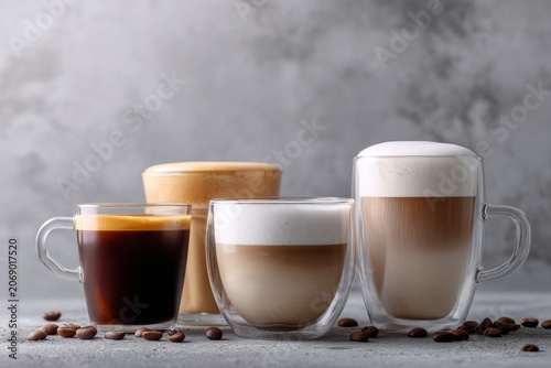 Delicious assortment of artistic coffee beverages displayed in stylish glass cups showcasing creamy textures and rich colors for coffee lovers. Generative AI