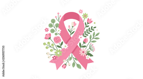 Fotografia Pink Ribbon with Flowers and Leaves Symbolizing Breast Cancer Awareness and Hope