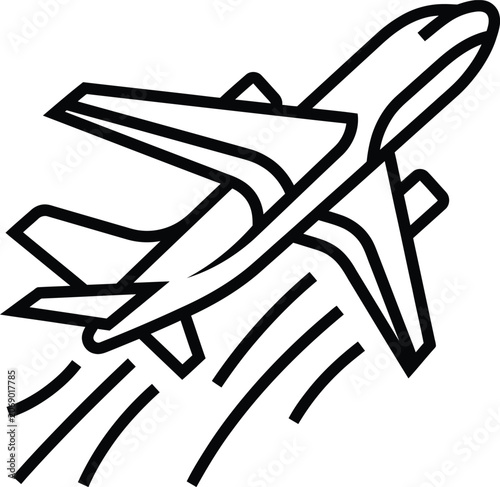 Flying airplane ascent vector icon with line art black and white airplane