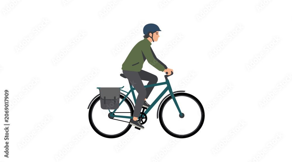 Naklejka premium Man wearing a helmet rides a bicycle with a bag on the back rack, isolated on white background