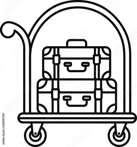 Hotel trolley carrying stacked suitcases vector icon with line art, black