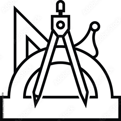 Drafting tools set vector icon, compass and protractor line art, black and white