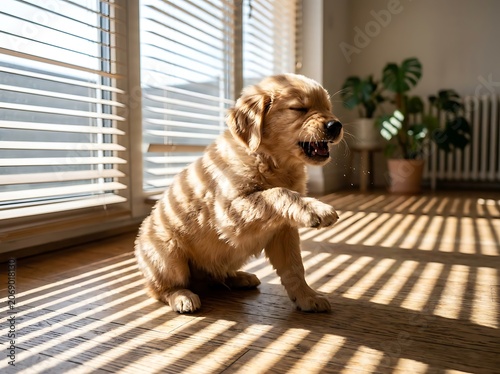 Golden Retriever Puppy Playing in Sunlit Room.