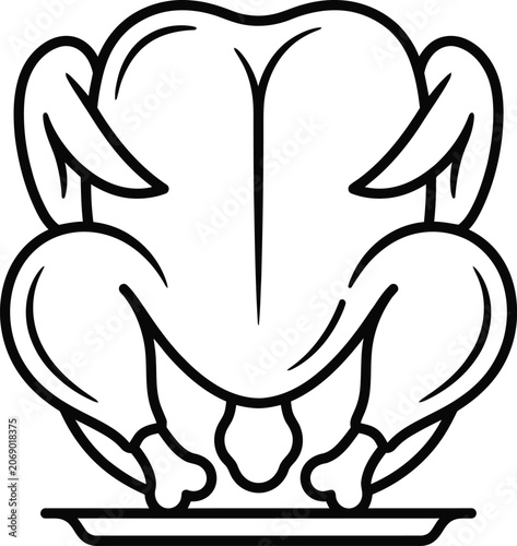 Roasted chicken on platter vector icon line art with black and white, culinary