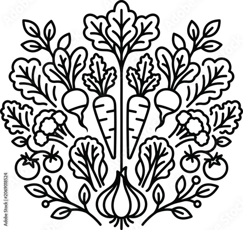 Fresh vegetables harvest vector icon with line art black and white vegetables