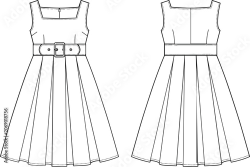 Women's Pleated Dress Technical Fashion Template, Front and Back View Garment Outline Design