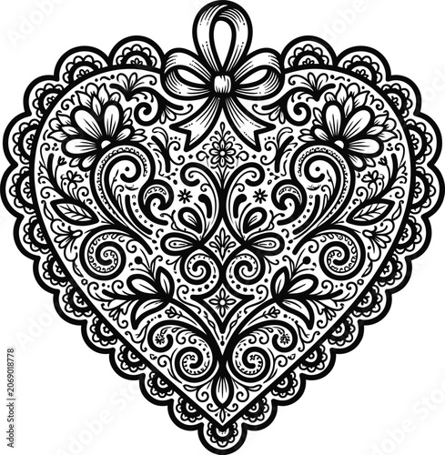 Decorative ornate floral heart vector icon line art with black and white