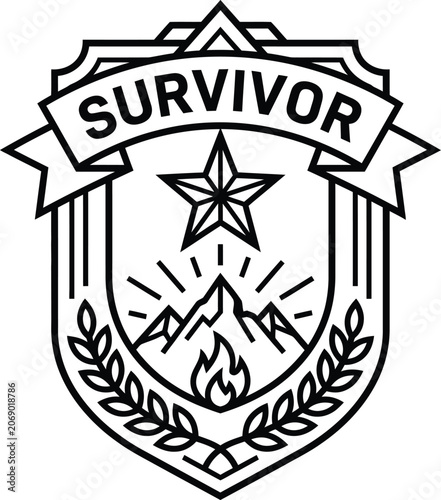 Survivor star mountain shield vector icon line art with black and white