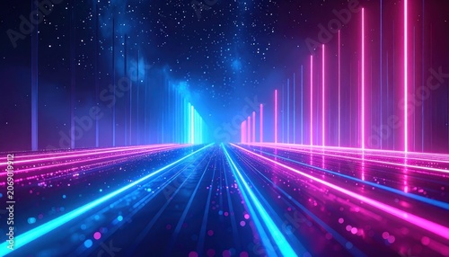 A vibrant neon-lit futuristic pathway stretches into a starry, nebulous horizon.