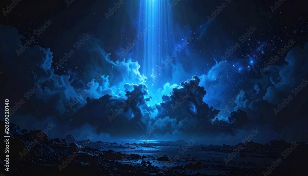 Fototapeta premium A beam of bright blue light shines down from the starry sky through dramatic clouds onto a rocky, alien landscape.