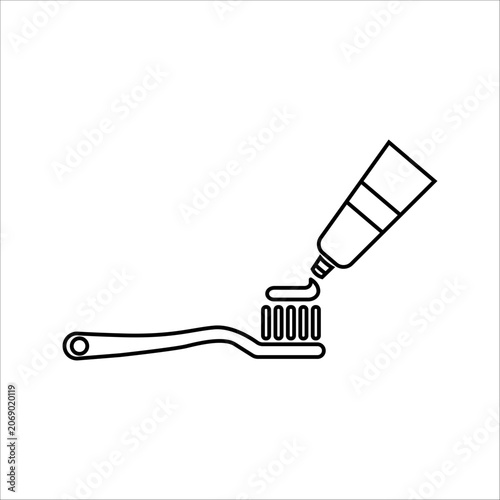 Toothpaste squeezing onto a toothbrush line icon isolated on white background. Dental care, oral hygiene, and teeth cleaning concept outline vector illustration.