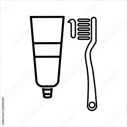 Toothbrush and toothpaste tube line icon isolated on white background. Dental care, oral hygiene, and teeth cleaning concept outline vector illustration.