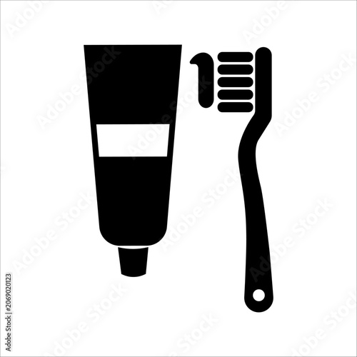 Toothbrush and toothpaste tube icon isolated on white background. Dental care, oral hygiene, and teeth cleaning concept vector illustration.