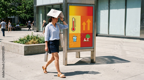 Pedestrian Crossing Hot Plaza With Water Bottle And Heat Risk Board