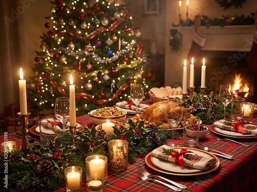 Elegant Christmas dining table with festive decorations.
