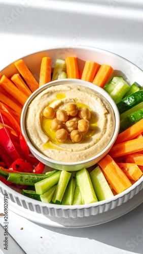 Colorful Fresh Vegetable Sticks Arranged Around Creamy Hummus Dip in White Serving Bowl
