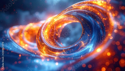 An abstract representation of swirling cosmic energy with intertwined blue and orange hues, filled with shimmering particles and bokeh effects.