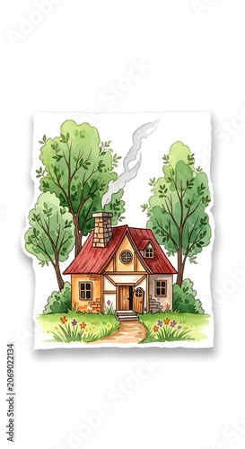 Charming Watercolor Cottage Amidst Lush Green Trees and Serene Landscape.
