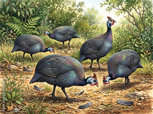 Group of Colorful Guineafowl in Natural Habitat.