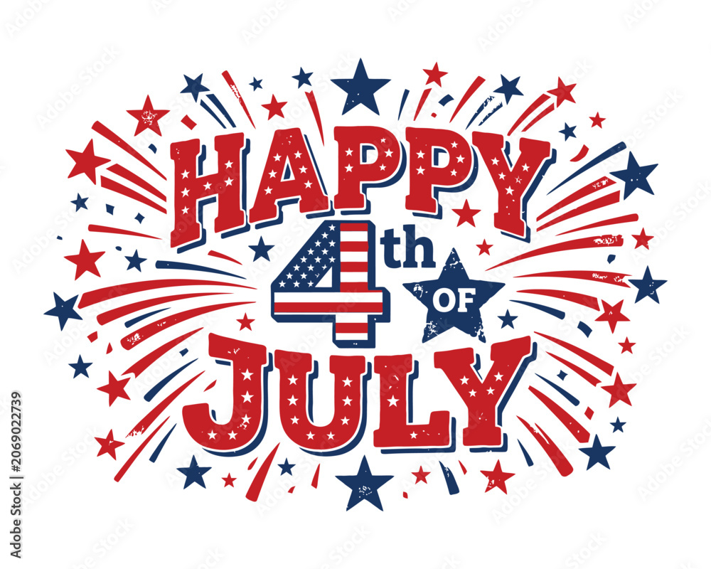 Obraz premium Patriotic 4th of July, American Independence Day, Red White Blue Celebration, Fireworks Vector Graphic