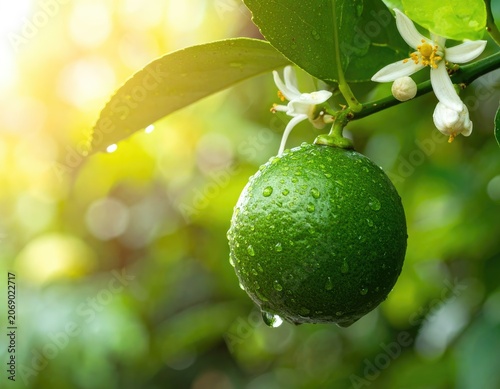 Lush green citrus hangs heavy, dew drops clinging, white blossoms unfurl
