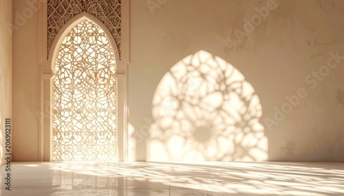 An empty room with ornate arched windows casting intricate shadows on the walls and floor.