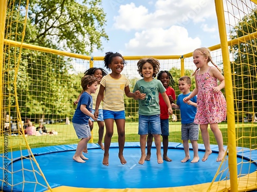 Children playing together on a trampoline in a park.